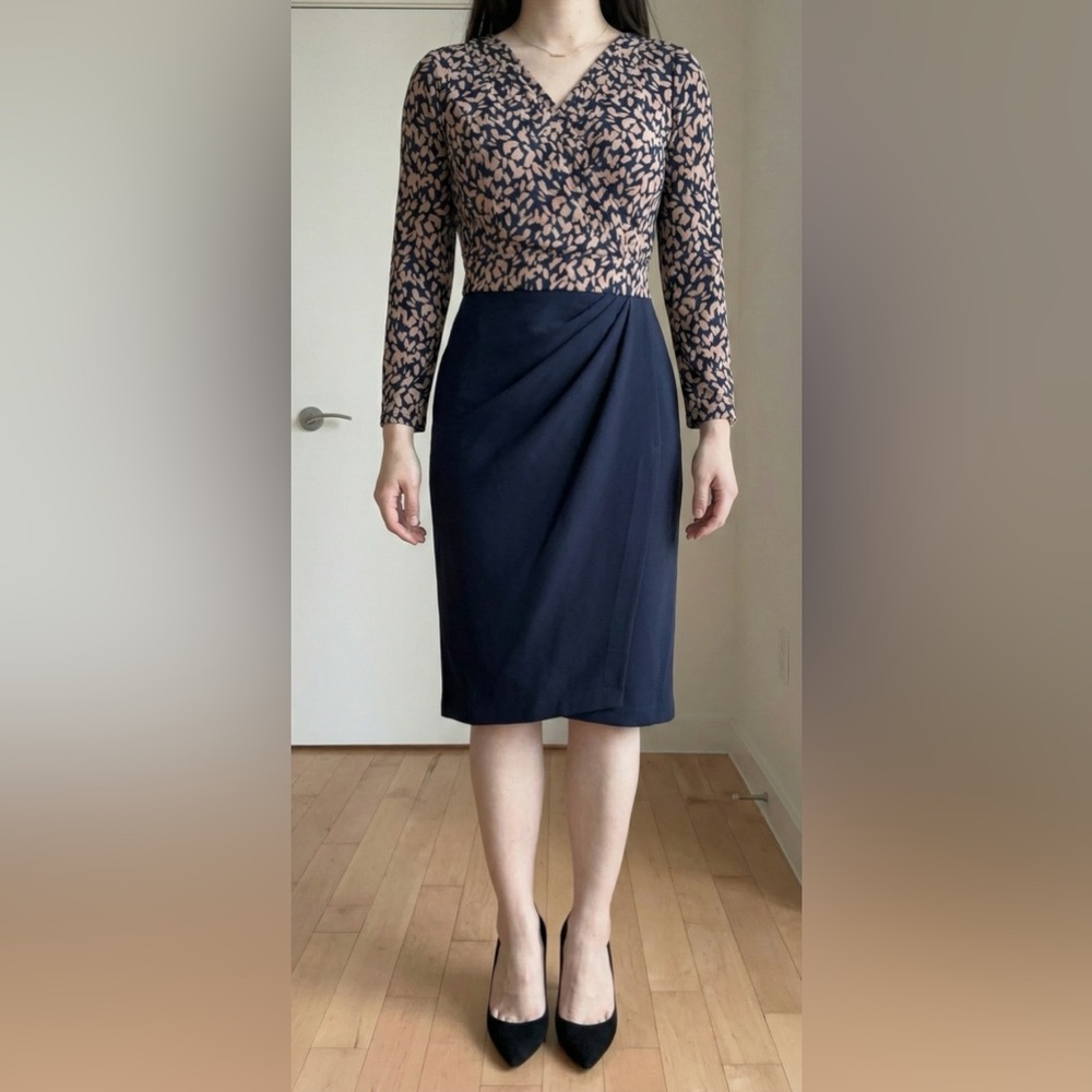 Kayme Japan Navy + Beige Docking Midi Dress I Wrinkle-free Machine Washable US 2